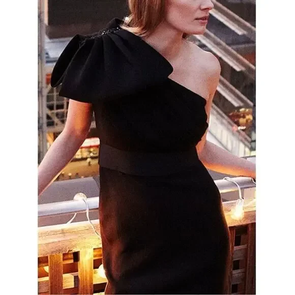 Marchesa Notte Dress One Shoulder Mini Bow Beaded Belted Cocktail LBD Black 4